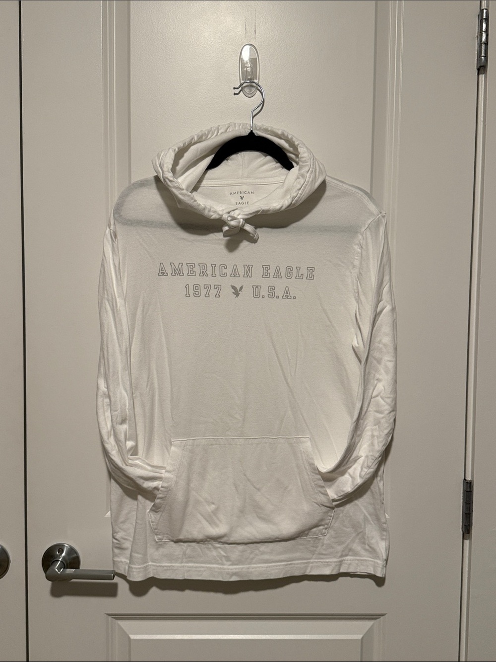 American Eagle Outfitters White Hooded Pullover with Light Gray Logo